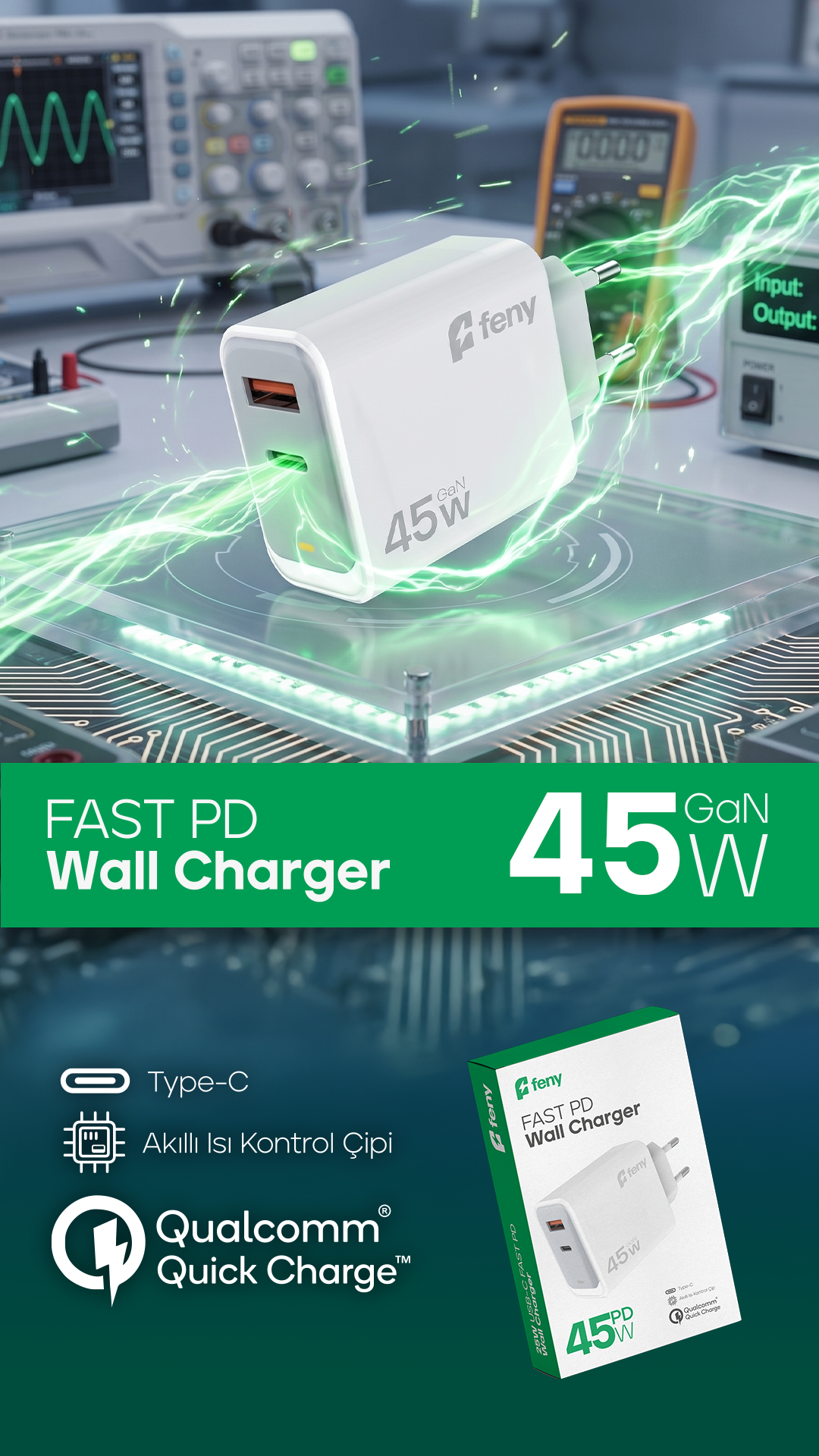FN-C45_1 FENY 45W PD Hızlı Şarj Adaptörü USB-C + USB-A Tablet ve Telefon Şarj Cihazı - Görsel 1