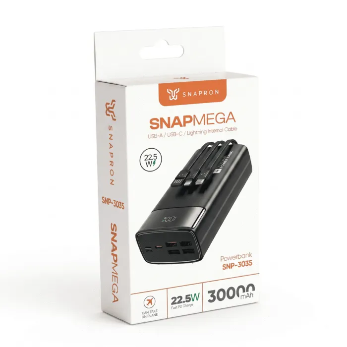 Snapron SNP-3035 30000mAh 22.5W PD Hızlı Şarj Powerbank | Dahili Lightning, Type-C ve USB Kablolu | LCD Ekran - Görsel 5