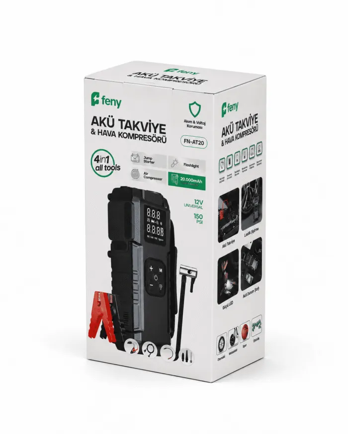FENY FN-AT20 4'ü 1 Arada 20000mAh Yüksek Akım Korumalı Akü Takviye Cihazı 2500A + 150 PSI Dijital Hava Kompresörü LED Fener Powerbank - Görsel 2